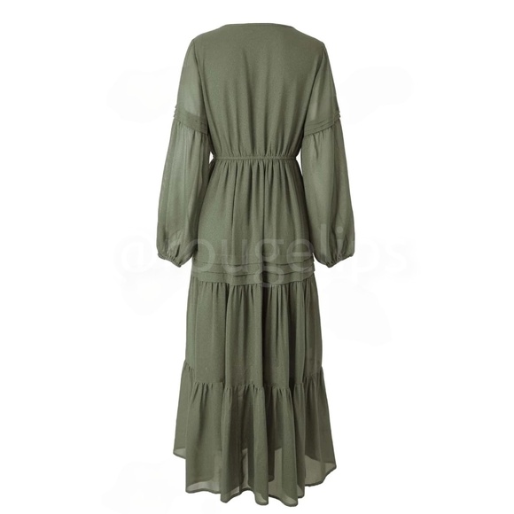 Army Green Bohemian Maxi Dress Chiffon Neck Ties Long Sleeve Ruffle Hem Flowy - Picture 9 of 10